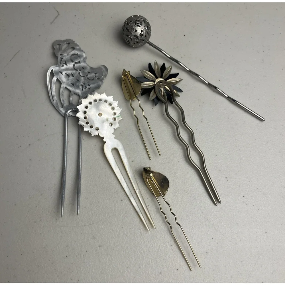 Hair Pin Stick Lot Victorian Style Filigree Ball Flower Mother Of Pearl 6 Pieces